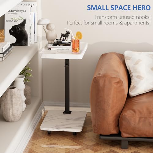 Adjustable Tv Trays for Eating on Couch That Slide Under,360° Swivel C Shaped End Sofa Side Snack Table with Wheels for Living Room and Bedroom, Bed,Chair, (White Marble+Black) - color: White Marble+black