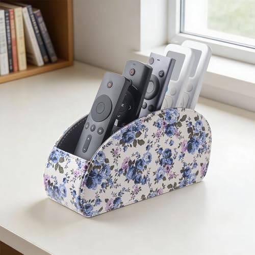 Remote Control Holder with 5 Compartments,PU Leather Remote Holder Compatible with Fire TV Remotes, Media Player Remotes, Heater Controllers, and Air Conditioner Remote Controls(Blue-flowering) - color: Blue-flowering