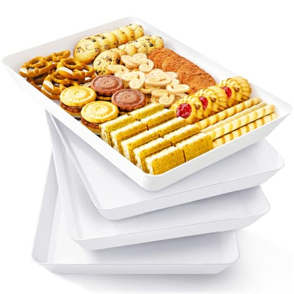 Lifewit 4 Pcs Serving Tray for Party Supplies, Reusable Plastic Food Serving Platter for Dessert, Snacks, Fruit, Cookies, Appetizers & Charcuterie, BPA-Free White Catering Trays for Buffets Display - size: Standard (14" x 10")