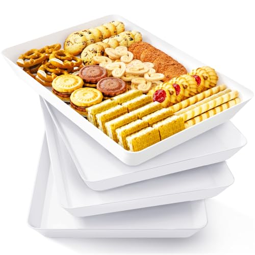 Lifewit 4 Pcs Serving Tray for Party Supplies, Reusable Plastic Food Serving Platter for Dessert, Snacks, Fruit, Cookies, Appetizers & Charcuterie, BPA-Free White Catering Trays for Buffets Display - size: Standard (14" x 10")