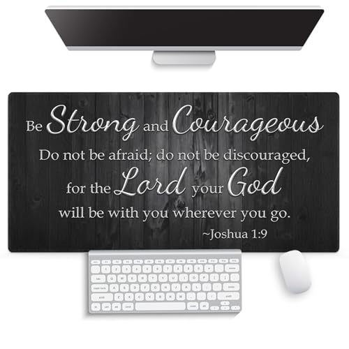 Motivational Large Gaming Mouse Pad (31.5" x 15.8")- Inspirational Bible Verse Scripture Quote Joshua 1:9 Be Strong and Courageous Rustic Black Wood, Stitched Anti-Slip Desk Mat - color: Christian Bible Verse Scriptures