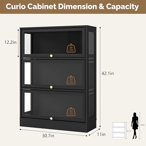Display Cabinet with Acrylic Glass Doors,3-Tiers Curio Cabinet with LED Lighting for Collectibles, Collectibles Toy Organizers Rack & Display Shelf Display Case Storage Cabinet, Black - color: Black, size: 31" W x 42" H