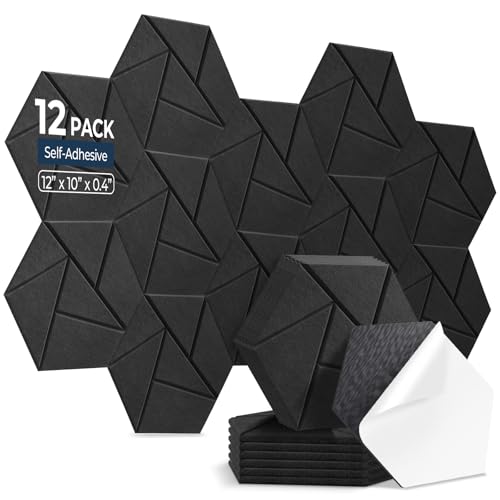 12 Pack Hexagon Acoustic Panels, 12" x 10" x 0.4" High-Density Sound Proof Panels for Walls, Self-Adhesive Acoustic Wall Panels for Studio, Home, Office, Black - color: Triangular grooves - Black, size: Hexagon - 12 Pack