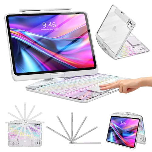 TSQQST Clear Wireless Keyboard Case for iPad Pro 13 Inch M5/M4 2025/2024 with Pencil Holder & Multi-Touch Trackpad, Visible PCB High-Tech Style, 3-Brightness & 7-Color Backlight, 360 Rotatable, White - color: Clear+White, size: Pro13 M5/M4