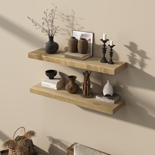 Acovy 36" Unfinished Solid Reclaimed Wood Floating Shelves, Rustic Heavy-Duty Wall Shelves, 8" Deep Floating Shelf for Living Room, Bathroom, Bedroom and Kitchen, Set of 2, Natural - color: Natural, size: 36inches-2p