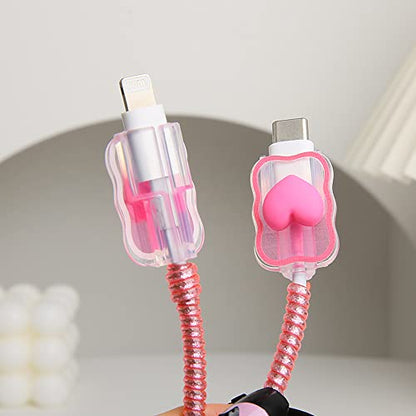 Compatible with iPhone 18W/20W USB-C Charger Cover Lovely 3D Love Heart Waves Clear Soft Charger Protector Cute Cable Saver for iPhone 11 12 13 14 Pro Max Fast Power Adapter, Rose 1 (5in1) - color: Rose 1 (5 in 1)