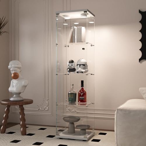Beauty4U Glass Display Cabinet with LED Light, 4 Shelves, Curio Cabinets for Living Room, Bedroom, Office, White Floor Standing Glass Bookshelf, Quick Installation - color: White-led, size: 1-Door 4-Shelf