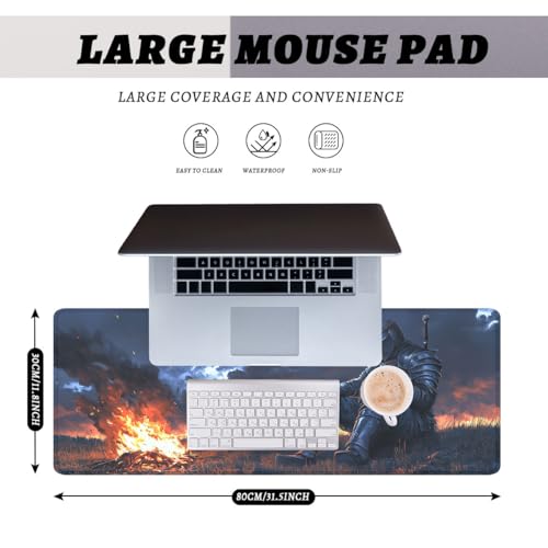 Medieval Knight Gaming Mouse Pad Dark Fantasy Magic Campfire Large Desk Mat Extended Large Laptop Keyboard Non-Slip Rubber Base with Stitched Edges for Home 31.5 x 11.8 Desk Home Office Gaming - color: Medieval Knight, size: 31.5" x 11.8"