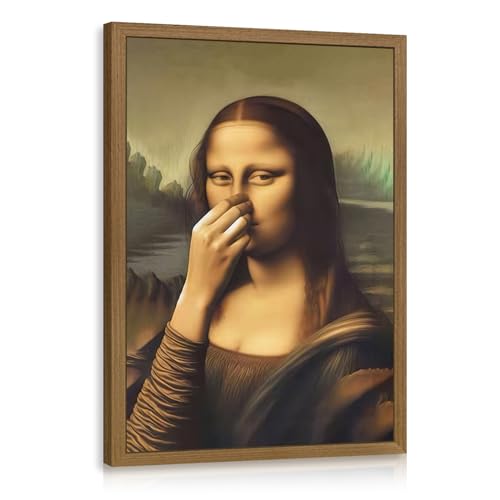 LERVR Wood Framed Funny Mona Lisa Bathroom Wall Art, Whimsical Mona Lisa Toilet Paper Wall Decor, Vintage Parody Bathroom Canvas Print, Humorous Pinching Nose Artwork for Restroom 12x16 Inch - color: MonaLisa, size: 16"L x 12"W