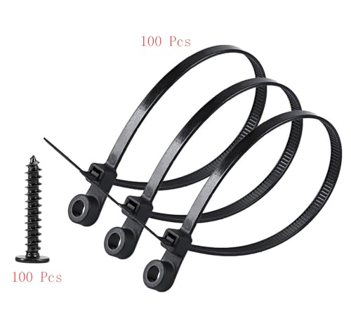 Black 5.9 Inch Nylon Zip Tie with Screw Holes, 100 Pcs, Includes 100 Pcs Black M4 x 12 Stainless Steel Screws for Daily Fastening - color: Black