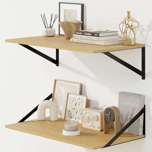 Fun Memories Floating Shelves for Wall, 12 Inch Deep Floating Shelves Set of 2, 24W x 12D Large Wall Shelf with Sturdy Metal Brackets for Living Room, Bathroom, Bedroom and Kitchen, Oak - color: A-oak, size: 24"w x 12"d