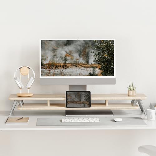 Fenge Dual Monitor Stand, Monitor Stands Riser for 2 monitors, 42.5 Inch Wood Desk Shelf with Storage Organizer and Cable Management for Office Desk Accessories - color: Oak, size: 42.5 Inch