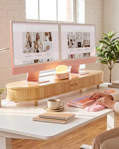 Bamboo Dual Monitor Stand with Storage, Curved Double Computer Laptop Stand Desk Shelf Organizer with Sliding Doors (42 inch) - color: Natural Bamboo, size: 42 inch