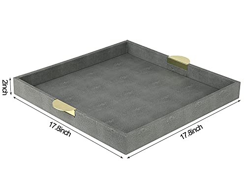 HofferRuffer Faux Leather Decorative Serving Tray, Elegant Coffee Table Ottoman Tray, Breakfast, Drinks, Liquor Serving Platter, Dark Grey Shagreen Finish with Gold Hardware Handle (Square) - color: Dark Grey, size: 17.8" x 17.8" x 2"