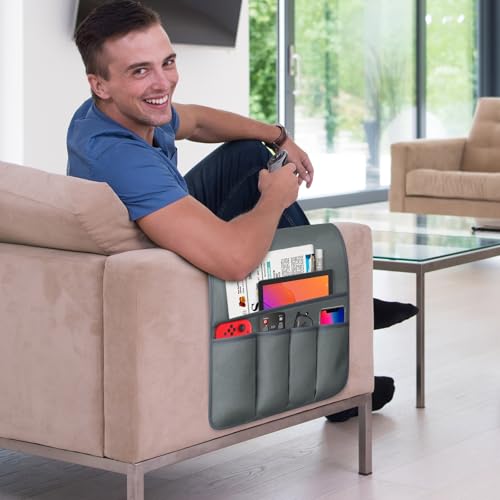 TV Remote Control Holder Couch Caddy, Non-slip Bedside Caddy Organizer with 5 Pockets for Key Glasses Phone Magazine Holders (Gray, 35"x12.4") - color: Gray, size: 35"x12.4"
