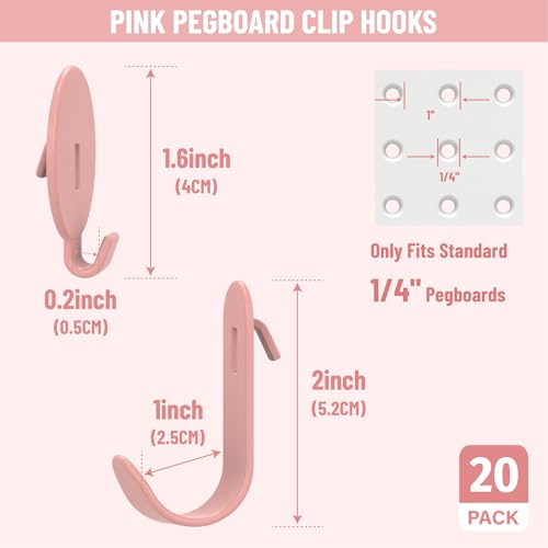 HUHOLE 20PC Pink Pegboard Clip Hooks for Thin Metal 1/4 Inch Pegboard | Picture Hangers with 10 lb Capacity, 10 Round and 10 Angled Peg Hooks for Jewelry, Crafts and Small Accessories - color: Pink