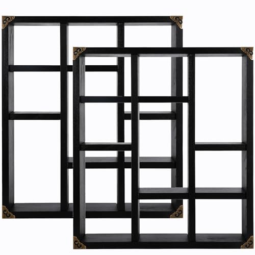 17.7x15.7-Inch Shadow Box Shelf 9-Slot Rustic Floating Shelves Larger Wall Mounted Shelf Lightweight Solid Wood Display Freestanding Farmhouse Shelf (Set of 2,9C-Classic Black) - color: 9c-classic Black, size: 2 PCS