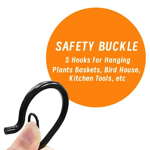 12 PCS S Hooks for Hanging with Safety Buckle | 3.5 inch Heavy Duty Metal S Shaped Hooks for Kitchen Utensil, Cups, Pots, Plants, Bags, Hats (Black) - color: Black