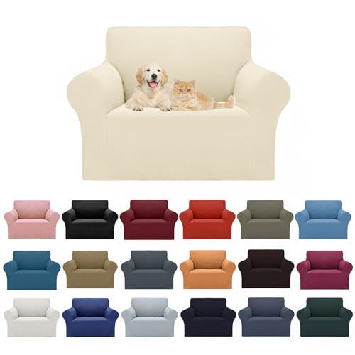 Cupuamon 2026 New Stretch Chair Sofa Slipcovers Couch Cover for 1 Seater Furniture Protector Sofa Covers with Elastic Bottom Jacquard Fabric Small Checks for Pets, Kids - Beige - color: Beige, size: Chair