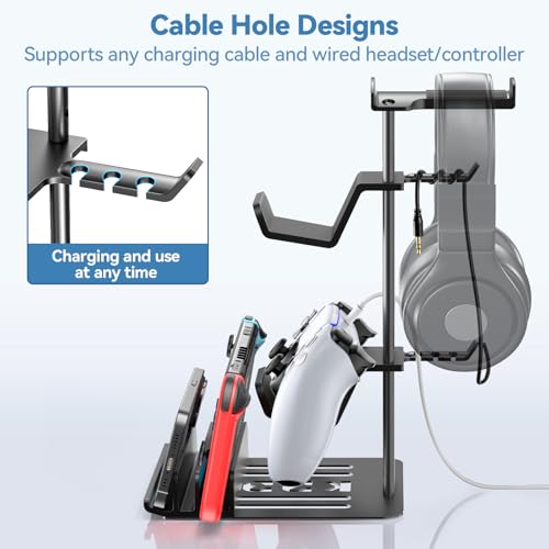 KDD Headphone Stand, Controller Holder & Headset Holder for Desk, Earphone Stand with Aluminum Supporting Bar, Universal Storage Organizer Headphones/Controller/Switch/Mobile Phone - color: Black-New