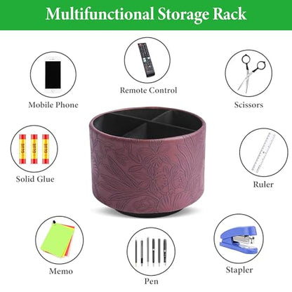 Round Leather Art Supply Organizer,Remote Control Holder,360 Degree Spinning,Multi-Functional Pencil Holder,4 Compartments Desktop Stationary Organizer(1-Carved Dark Brown) - color: 1-Carved Dark Brown