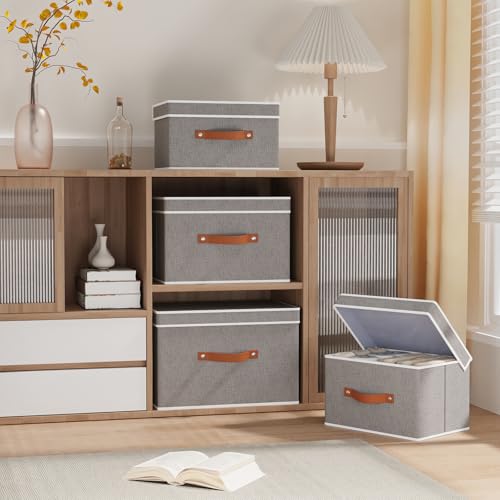 Storage Baskets with Lids and Double Handles, Linen Foldable Storage Bins, 17.7 x 11.8 x 11.8 Inch Closet Organizer Boxes for Laundry Bedroom, Grey, 3-Pack - color: Grey, size: 17.7x11.8x11.8in(3-Pack)