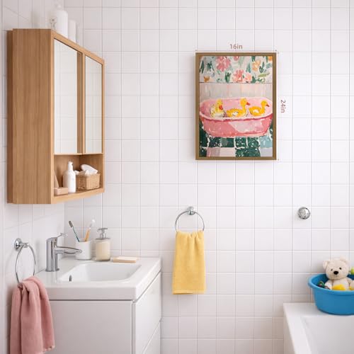 LERVR Wood Framed Funny Ducks Bathroom Wall Art, Cute Yellow Ducks in Pink Bathtub Canvas Print, Whimsical Animal Decor, Soft Pastel Aesthetic Artwork for Girls Bathroom Nursery Bedroom 16x24 Inch - color: DuckBathtub, size: 24"L x 16"W