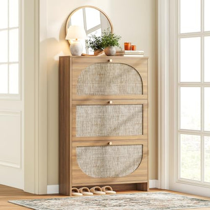 Nicetree Freestanding Ultra Slim Fluted Accent Shoe Storage Cabinet for Entryway - 3 Flip Drawers & 3-Tier Adjustable Shelves, Farmhouse Modern Rustic Shoe Rack for Hallway, Foyer