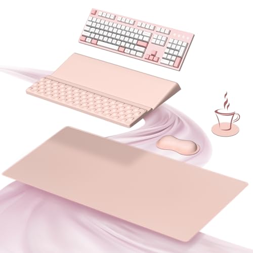 Ospelelf Keyboard Stand Wrist Rest Pad and Ergonomic Mouse Pad Set with Large Mousepad Desk Mat, Memory Foam Comfort, Premium Office Desk Accessories for Pain Relief and Efficiency, Pink - color: Pink
