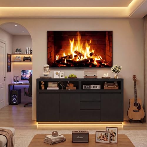 FACBOTALL 63" Modern TV Stand, Large Entertainment Center with Storage Cabinets & Drawers, Media Console Cabinet up to 70 Inch with LED Lights & Power Outlet, TV Consoles for Living Room, Black - color: Black