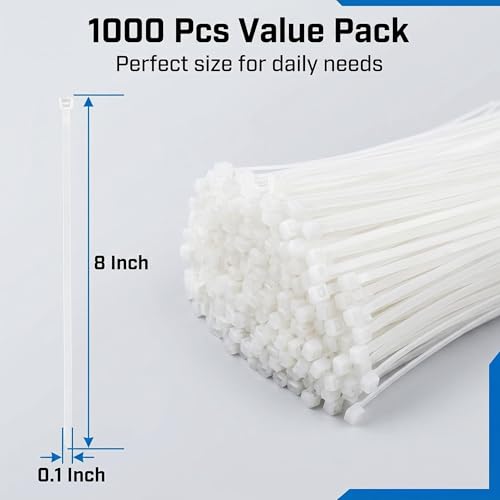 Zip Ties 1000pcs, 8inch Nylon Cable Ties 18lb Heavy Duty Cord Strap Self-Locking Wire Ties for Indoor Outdoor | White - color: White 1000pack