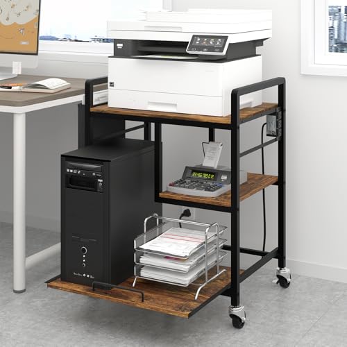 Sedegn Large Printer Stand with Wheels: Lockable Rolling Printer Cart | 24 x 18 Inch Top Fits Laser Printers Shredders and PC Towers 3-Outlet Power Strip and Storage Bag for Home Office (Brown) - color: Brown