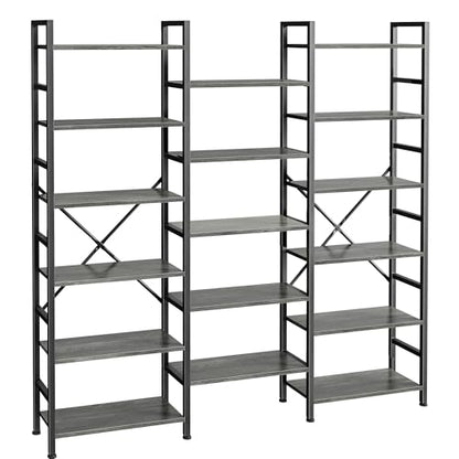 SUPERJARE Triple Bookshelf, Bookcase with 17 Open Display Shelves, Wide Book Shelf Book Case for Home & Office, 6 Tier, Grey - color: Grey, size: 6 Tier