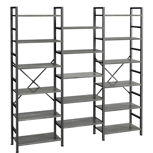 SUPERJARE Triple Bookshelf, Bookcase with 17 Open Display Shelves, Wide Book Shelf Book Case for Home & Office, 6 Tier, Grey - color: Grey, size: 6 Tier