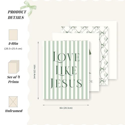 LARTSFRO Coquette Green Bow Jesus Wall Art Decor Posters, Olive Green Bow Christian Room Bedroom Bathroom Dorm Wall Art Decor Aesthetic for College Teen Girls Gifts, Inspirational Bible Verses Bow Wall Decor, 10x8 Inch Set of 4 Bow Pictures(UNFRAMED) - co