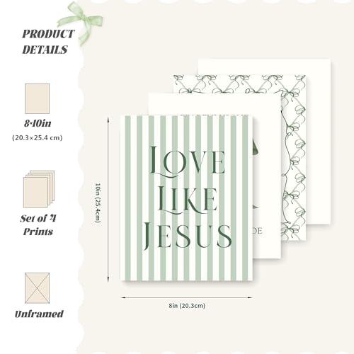 LARTSFRO Coquette Green Bow Jesus Wall Art Decor Posters, Olive Green Bow Christian Room Bedroom Bathroom Dorm Wall Art Decor Aesthetic for College Teen Girls Gifts, Inspirational Bible Verses Bow Wall Decor, 10x8 Inch Set of 4 Bow Pictures(UNFRAMED) - co