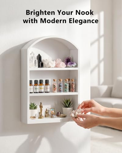 9"x13.5" Small Arched Trinket Display Shelf Shadow Box, White | Fully Assembled, Wooden Shelf for Wall or Desk, Display Collectibles, Knick Knacks, Mini Figurines, Perfumes & Crystals - color: White