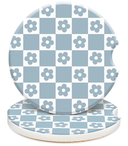 Swooflia Car Coasters for Women - Blue-White Checkered Ceramic Car Cupholder Coaster Absorbent Mat Coaster with Cork Base 2 Pack 2.55 inch Automotive Cup Holder Accessories New Driver Gifts for Decor - color: Blue White Checkered Flower