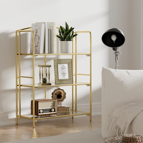 Crofy 3-Tier Wider Foldable Bookshelf, Gold Frame & Transparent Shelves | No-Assembly Collapsible Portable Storage Organizer; Sturdy Transparent Shelves; Ideal for Living Room & Home Office - color: Gold Frame & Transparent Shelf, size: 3 Tier Wider