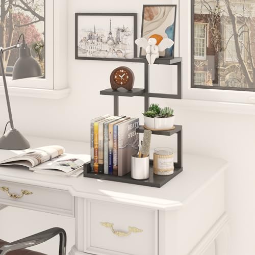 YMYNY Desktop Shelf Organizer, 4 Tier Storage Display Rack, Desk Shelf Organizer Small Bookshelf with Metal Frame for Office, Books, Plants, 12.2" x 9.45" x 17.52", Black UHSR007B - color: Black