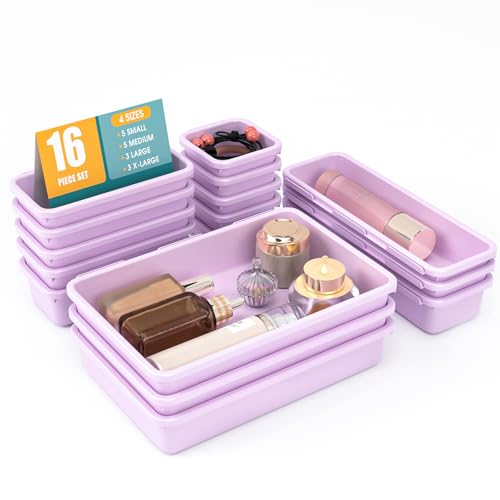 16 PCS Drawer Organizer Set, 4 Size Makeup Drawer Divider Organizer With Non-Slip Pads, Interlocking Plastic Storage Bins for Office,Jewelry Vanity,Gadgets, Bathroom,Kitchen, Purple - color: Purple, size: 16Pack
