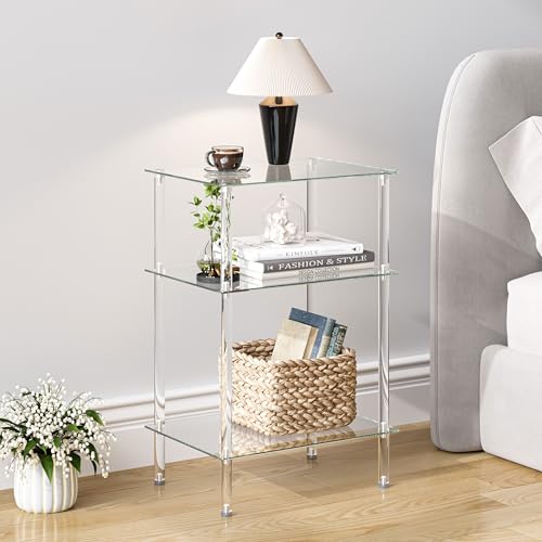 Tempered Glass Side Tables Set of 2 Acrylic End Table with 3 Storage Shelve transparent Bedside simplicity clear 3-Tier Nightstands small Spaces Office Bedroom Living Room Study Transparent ET-008TR3T - color: Transparent, size: 3 tier High