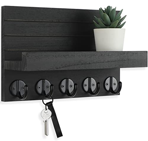 Lwenki Key Holder for Wall, Decorative Key and Mail Holder with Shelf Has Large Hooks for Bags, Coats, Umbrella – Paulownia Wood Key Hanger with Mounting Hardware (9.8”W x 6.7”H x 4.2”D) - color: Black