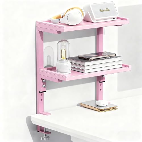Spacrea Clamp on Desk Shelf, 2 Tier Office Desk Shelves Organizer, Wood Desktop Supplies Storage Rack, Desk Organizers and Accessories (Pink) - color: Pink
