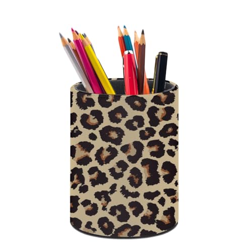 Leopard Print Pen Holder Pencil Cup for Desk Organizer | Cute Makeup Brush Holder PU Multifunctional Office Suppliesfor Decor Home Classroom School - color: Leopard Print
