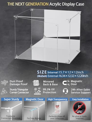 Clear Acrylic Display Case with Mirrored Back and Base, UV Protected Acrylic Box with Magnetic Door, Dustproof Display Box Showcase for Collectibles, Figures, Models, Toys (15.7x12x12inch) - size: 15.7x12x12 inch