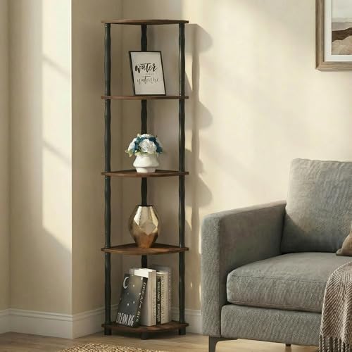 Furinno Turn-N-Tube Storage Shelves, 5-Tier Corner Book Shelf, Standing Corner Shelf, Toolless Open Shelves, Classic Tubes, for Organization and Storage, Living Room, Home Office, Amber Pine - color: Amber Pine/Black, size: 5-Tier Classic Tube