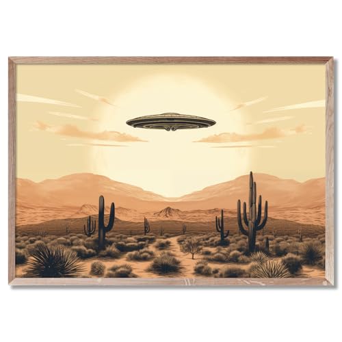 Retro Ufo Canvas Wall Art Desert Landscape Painting Vintage Ufo Print Abduction Poster Alien Ufo Desert Cactus Picture Alien Trippy Poster Spaceship Vintage Wall Art Ufo Gifts Artwork 16x24in No Frame - color: B1Unframed