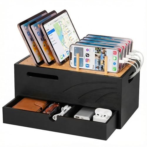 Homde Bamboo Charging Station Organizer: 2 Layer Charger Holder with Drawer for Office Home - Electronic Docking Stand for Multiple Devices, Tablets, Phones （Black） - color: Natural and Black