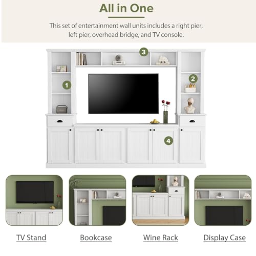 Merax Modern TV Stand Set w/Adjustable Bridge, Storage Media Console & Wall Units - Minimalist Entertainment Center for Living Room, White